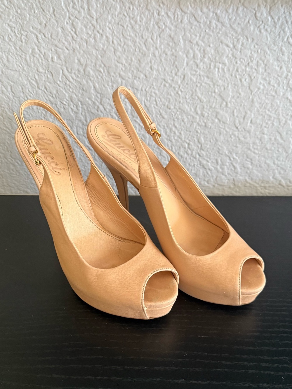 Gucci Beige Peep-Toe Slingback Pumps